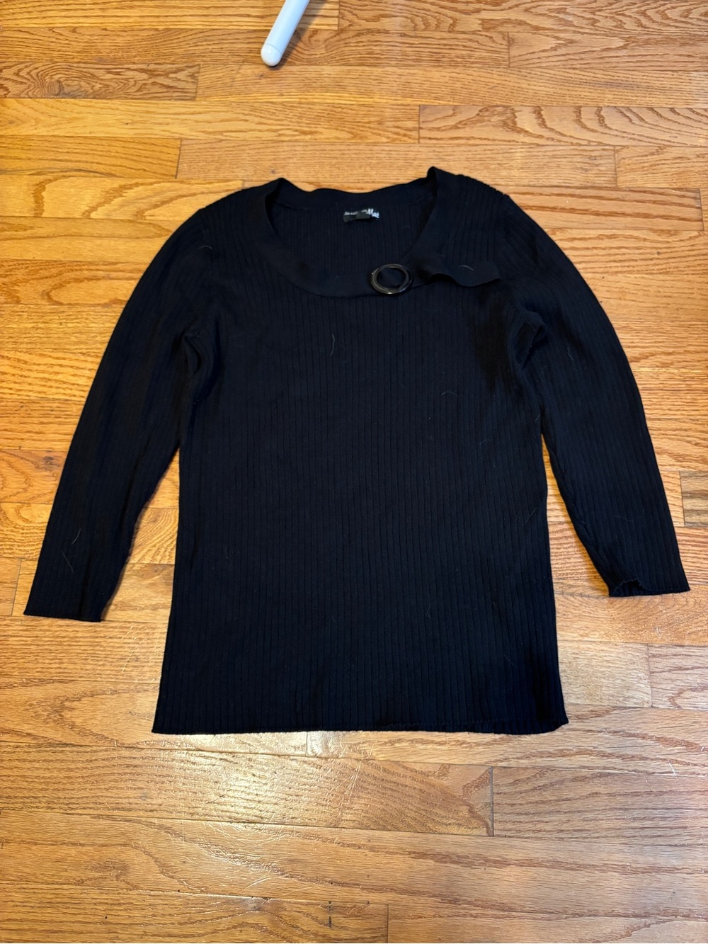 Black Ribbed Scoop Neck Top with Decorative Ring